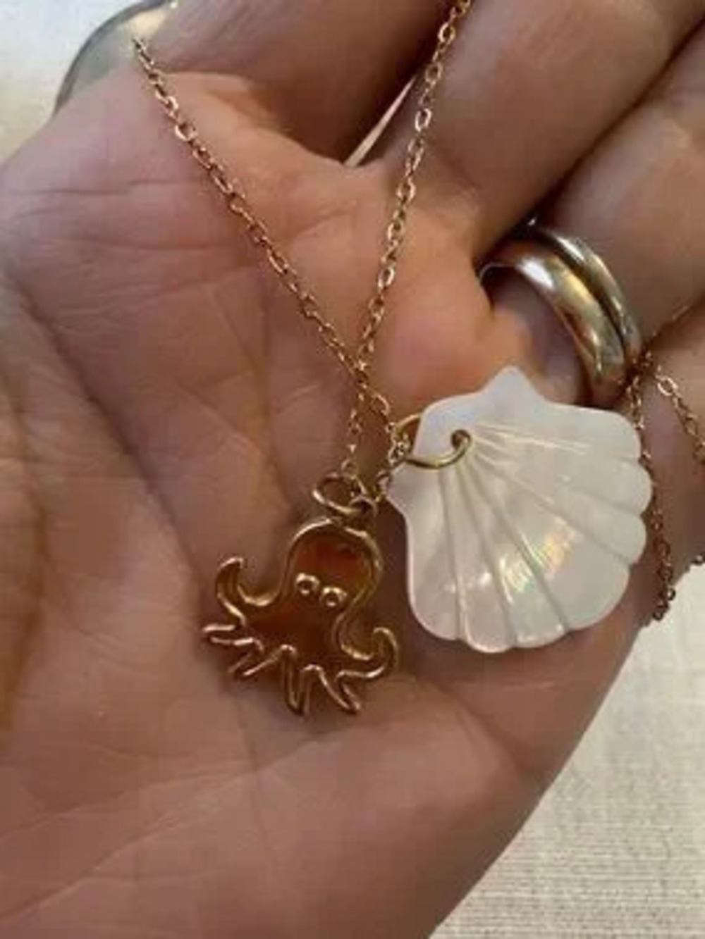 Gold Octopus & White Shell Charm Necklace beach boho necklace